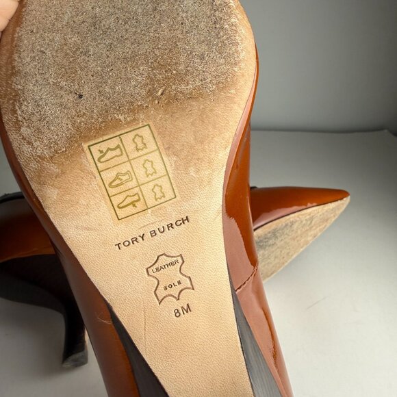 Tory Burch Angle Pointed Toe Pumps Patent Leather Tan Chocolate Size 8M Preppy - Picture 5 of 13
